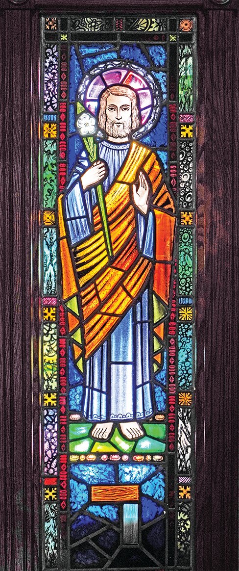 Stained glass depicting St. Joseph, in the Bishop's Vestry in the Cathedral of St. Joseph in Jefferson City.